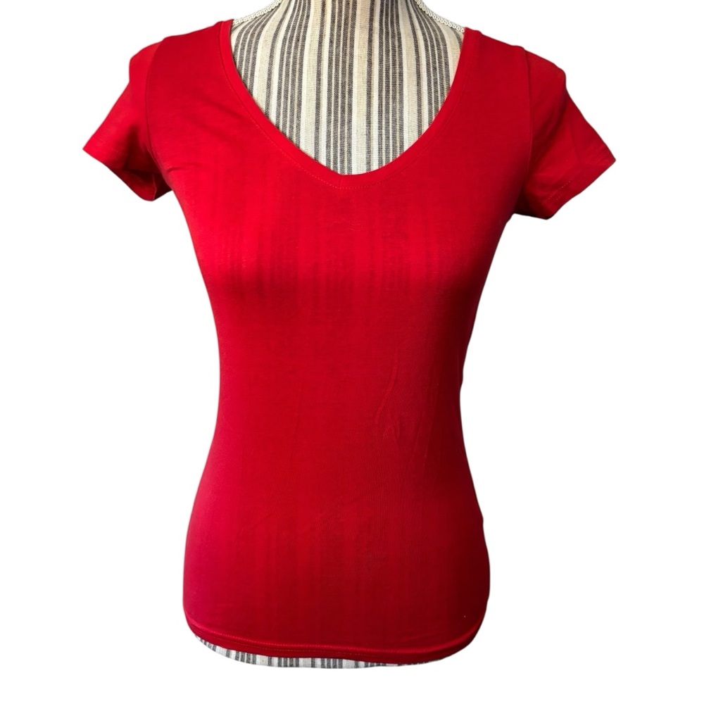 H&M Tee XS Vibrant Red Short Sleeve V-Neck T-Shirt Cotton Elastane Soft Comfy